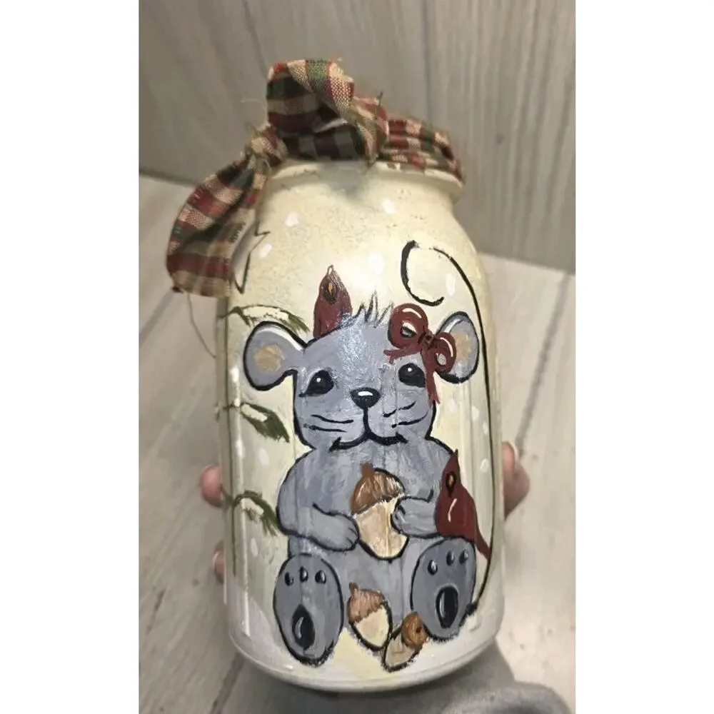 Vintage Handpainted Country Holiday Mouse On Mason Jar Primitive Farmhouse